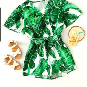 Girls Tropical Leaf Tie-Waist Romper! Size 7Y